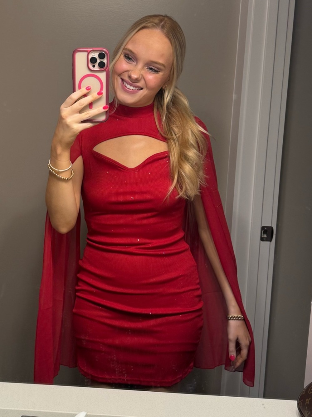 Red Cape-Sleeve Bodycon Dress - Women's Elegant Evening Dress